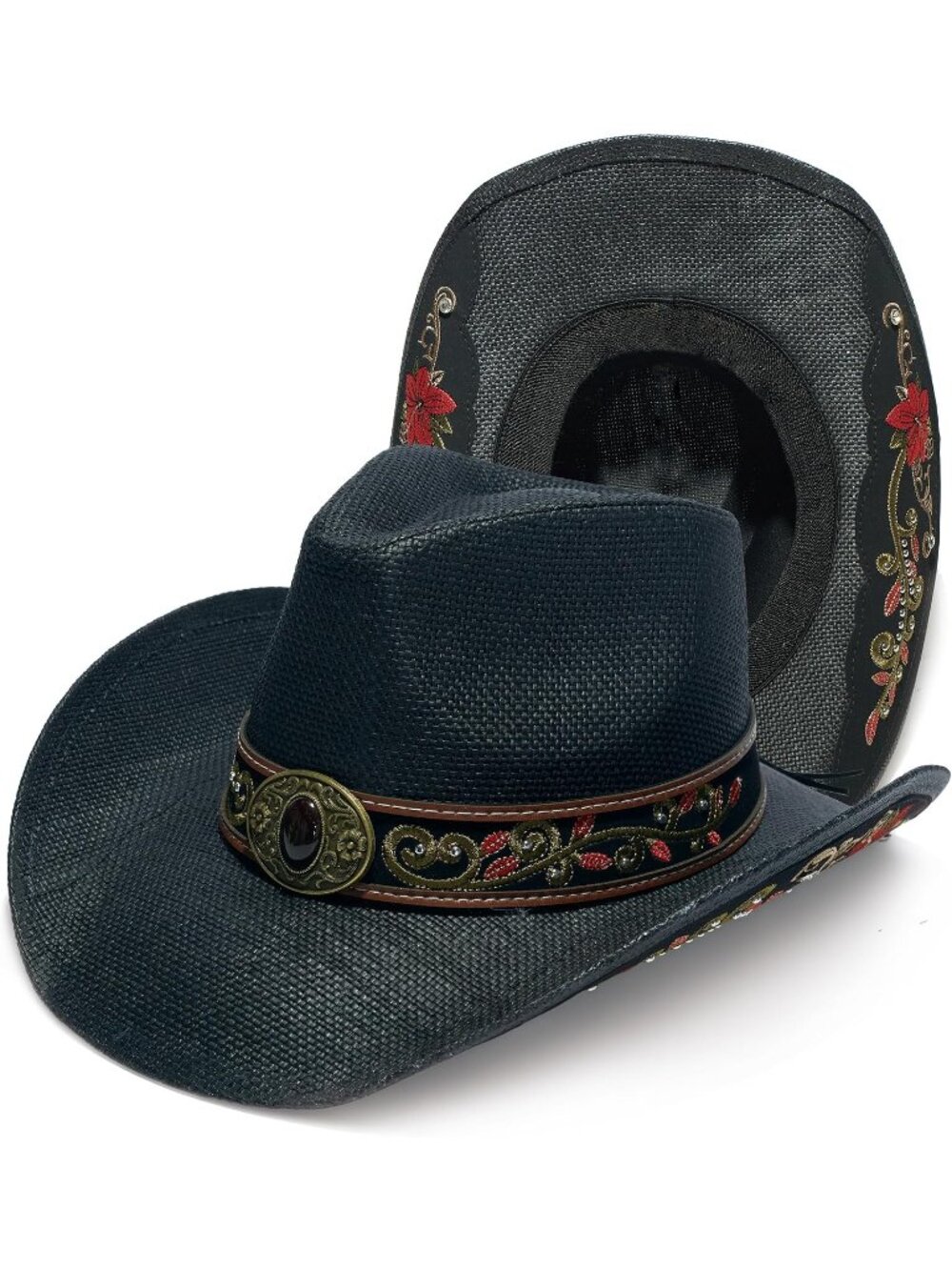 Unisex Embroidery Black Western Straw Raffia Brim Sun Bands Cowboy Cowgirl Hat